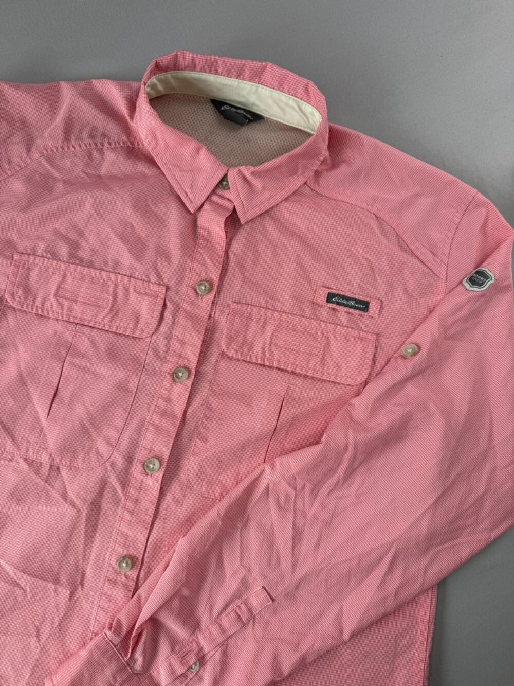Eddie Bauer S Pink/Red Vented Fishing Hiking Shirt Roll Tab Sleeves Outdoor